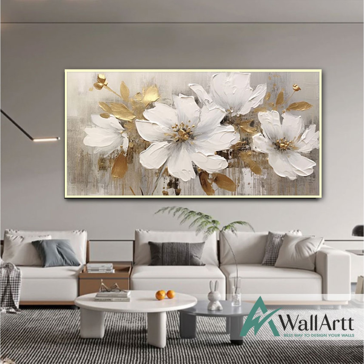 White Flowers with Gold Leaves IV 3d Heavy Textured Partial Oil Painting